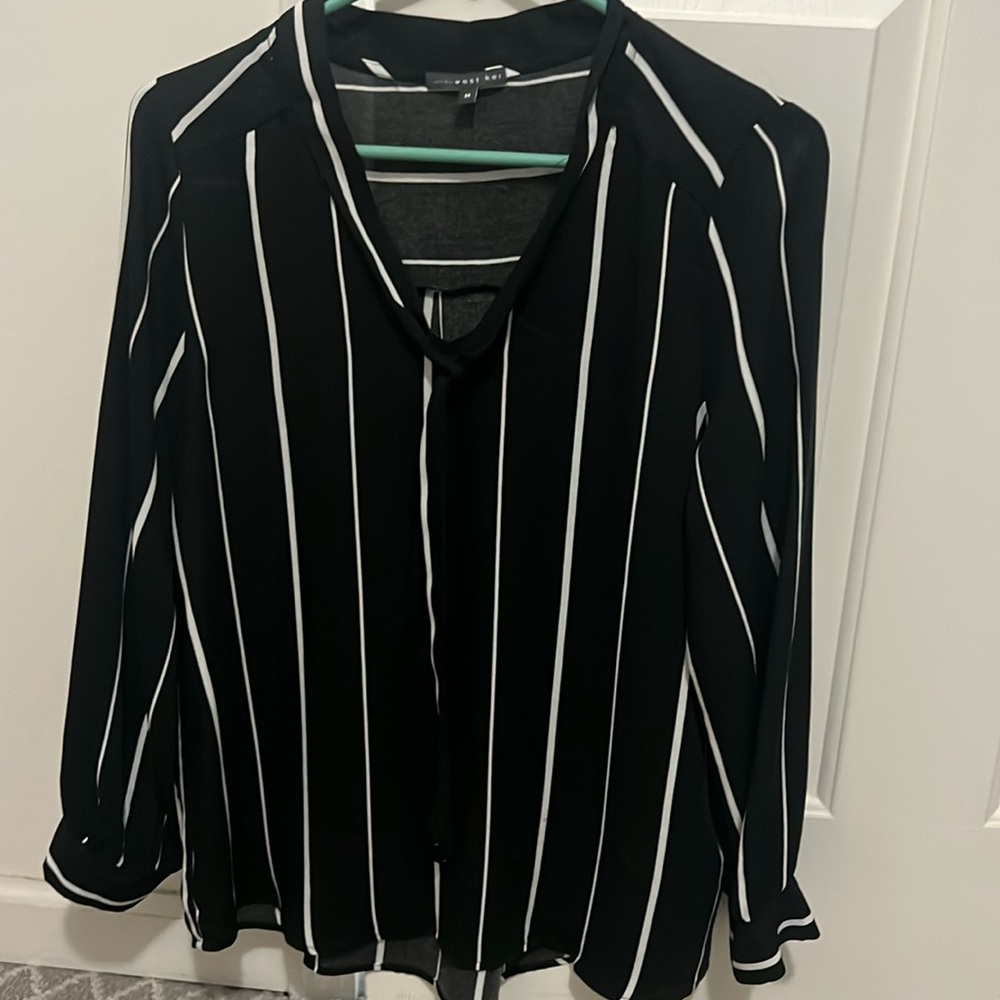 Black white tie front blouse